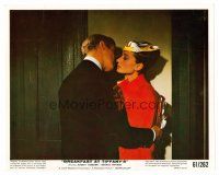 8w005 BREAKFAST AT TIFFANY'S color 8x10 still '61 George Peppard about to kiss Audrey Hepburn!