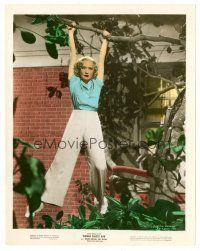 8w069 WOMAN CHASES MAN color 8x10 still '37 great close up of Miriam Hopkins hanging from tree!