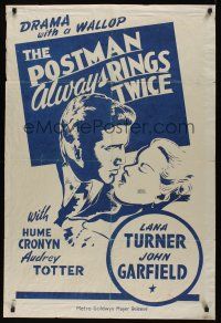 8y023 POSTMAN ALWAYS RINGS TWICE Canadian '46 great close up art of John Garfield & Lana Turner!
