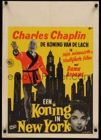 8y003 KING IN NEW YORK Dutch '57 artwork of Charlie Chaplin in front of skyline!