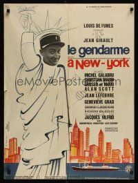 8y044 GENDARME IN NEW YORK French 23x32 R74 wacky art of Louis de Funes as Statue of Liberty!