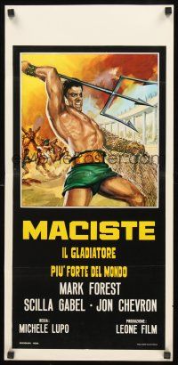 8y691 COLOSSUS OF THE ARENA Italian locandina '63 cool art of Mark Forest as Maciste with trident!