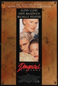 8z297 DANGEROUS LIAISONS 1sh '88 Glenn Close, John Malkovich, Michelle Pfeiffer, Keanu Reeves