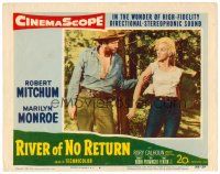 9b615 RIVER OF NO RETURN LC #4 '54 tough cowboy Murvyn Vye grabs sexiest Marilyn Monroe by the arm!