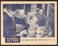 9b685 STRANGERS ON A TRAIN LC #8 R57 Hitchcock, Farley Granger choking Robert Walker on carousel!