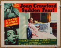 9b693 SUDDEN FEAR LC #2 '52 Joan Crawford laying on couch & transfixed by fear!