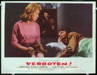 9b741 VERBOTEN LC #6 '59 directed by Sam Fuller, woman by man who has Hitler portrait on his wall!