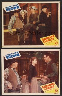 9c827 SHADOWS ON THE RANGE 2 LCs '46 cowboy Johnny Mack Brown, Raymond Hatton, Jan Bryant!