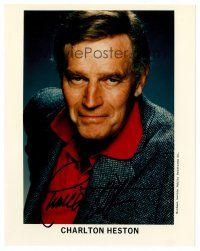 9d075 CHARLTON HESTON signed color 8x10 REPRO still '90 head & shoulders portrait in suit jacket!