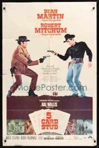 9e025 5 CARD STUD 1sh '68 cowboys Dean Martin & Robert Mitchum draw on each other!