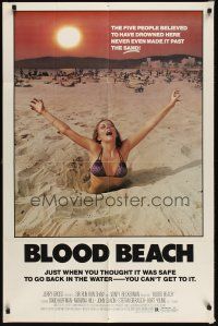 9e180 BLOOD BEACH 1sh '80 classic Jaws parody image of sexy girl in bikini sinking in quicksand!