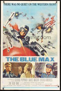 9e186 BLUE MAX 1sh '66 great artwork of WWI fighter pilot George Peppard in airplane!