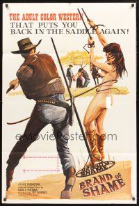 9e202 BRAND OF SHAME 1sh '68 western sexploitation, art of bound woman being whipped by cowboy!