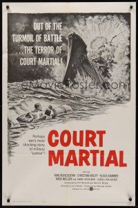 9e285 COURT MARTIAL 1sh '62 Kriegsgericht, World War II, cool exploding battleship art!