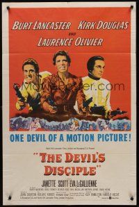 9e326 DEVIL'S DISCIPLE 1sh '59 Burt Lancaster, Kirk Douglas & Laurence Olivier all with two guns!