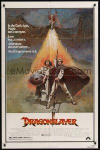 9e346 DRAGONSLAYER 1sh '81 cool Jeff Jones fantasy artwork of Peter MacNicol w/spear, dragon!