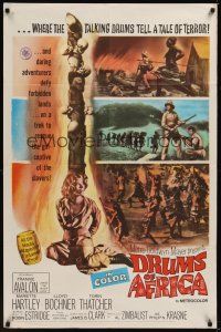 9e350 DRUMS OF AFRICA 1sh '63 great art of Frankie Avalon, sexy Mariette Hartley tied to pole!
