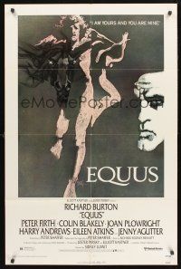 9e369 EQUUS 1sh '77 Richard Burton, Jenny Agutter, Peter Firth, art by Bob Peak!