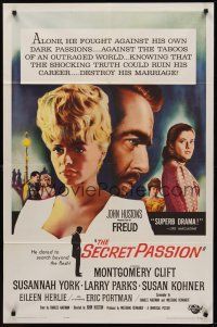 9e421 FREUD 1sh '63 John Huston directed, Montgomery Clift, Susannah York, The Secret Passion!