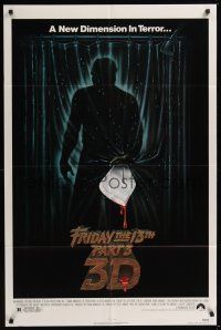 9e422 FRIDAY THE 13th PART 3 - 3D 1sh '82 slasher sequel, art of Jason stabbing through shower!