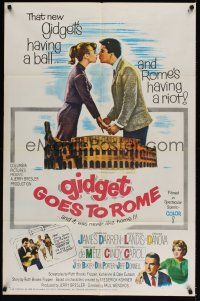 9e434 GIDGET GOES TO ROME 1sh '63 James Darren & Cindy Carol by Italy's Colisseum!