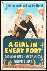 9e440 GIRL IN EVERY PORT 1sh '52 artwork of wacky sailor Groucho Marx & sexy Marie Wilson!