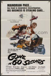 9e454 GONE IN 60 SECONDS 1sh '74 cool art of stolen cars by Edward Abrams, crime classic!