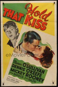 9e489 HOLD THAT KISS style C 1sh '38 Mickey Rooney, Maureen O'Sullivan kisses Dennis O'Keefe