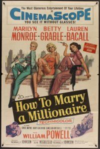 9e507 HOW TO MARRY A MILLIONAIRE 1sh '53 sexy Marilyn Monroe, Betty Grable & Lauren Bacall!