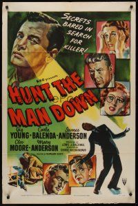 9e509 HUNT THE MAN DOWN style A 1sh '51 cool film noir art, secrets bared in search for killer!