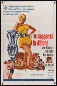 9e522 IT HAPPENED IN ATHENS 1sh '62 super sexy Jayne Mansfield rivals Helen of Troy, Olympics!