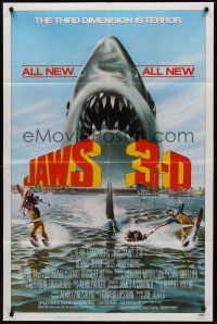 9e525 JAWS 3-D 1sh '83 great Gary Meyer shark artwork, the third dimension is terror!
