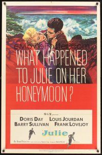 9e528 JULIE 1sh '56 what happened to Doris Day on her honeymoon with Louis Jourdan?