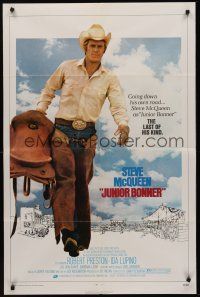 9e530 JUNIOR BONNER 1sh '72 full-length rodeo cowboy Steve McQueen carrying saddle!