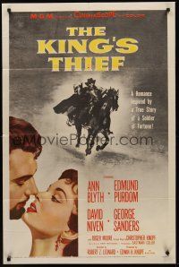 9e541 KING'S THIEF 1sh '55 Ann Blyth romancing Edmund Purdom & art of masked Purdom on horse!