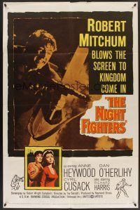 9e669 NIGHT FIGHTERS 1sh '60 Robert Mitchum runs wild with a red-hot machine gun in his hands!