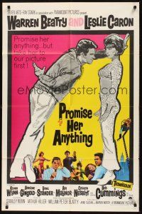 9e731 PROMISE HER ANYTHING 1sh '66 art of Warren Beatty w/fingers crossed & pretty Leslie Caron!