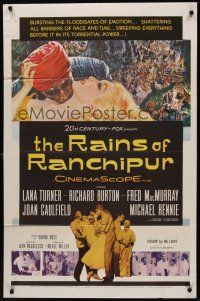 9e742 RAINS OF RANCHIPUR 1sh '55 Lana Turner, Richard Burton, rains couldn't wash their sin away!