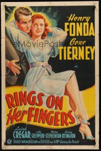 9e758 RINGS ON HER FINGERS 1sh '42 great stone litho art of sexy Gene Tierney & Henry Fonda!