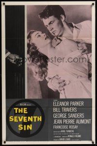 9e785 SEVENTH SIN 1sh '57 sexy scared Eleanor Parker betrays super angry Bill Travers!