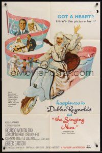 9e806 SINGING NUN 1sh '66 great artwork of Debbie Reynolds with guitar riding Vespa!