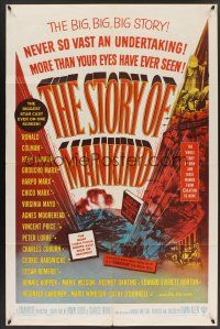 9e846 STORY OF MANKIND 1sh '57 Ronald Colman, the Marx Bros., the BIG BIG BIG story!