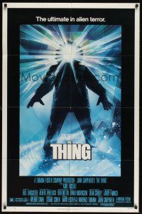 9e892 THING new credit style 1sh '82 John Carpenter, cool sci-fi horror art, ultimate in terror!