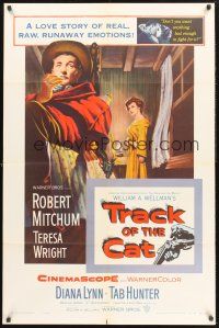 9e917 TRACK OF THE CAT 1sh '54 Robert Mitchum & Teresa Wright in a startling love story!