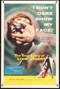 9e926 TRUE STORY OF LYNN STUART 1sh '58 Betsy Palmer doesn't dare show her face, cool art!