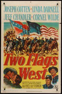 9e932 TWO FLAGS WEST 1sh '50 cool Civil War art, plus Joseph Cotten, Linda Darnell & Cornel Wilde!