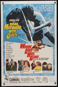 9e966 WHERE LOVE HAS GONE 1sh '64 Susan Hayward, Bette Davis, trashy Harold Robbins!