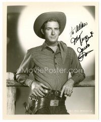 9g083 JOCK MAHONEY signed 8x10 REPRO still '80s cool portrait leaning on fence in cowboy outfit!