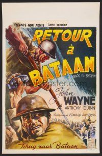 9h399 BACK TO BATAAN Belgian R50s art of John Wayne & Anthony Quinn in World War II!