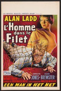 9h467 MAN IN THE NET Belgian '59 art of Alan Ladd caught in a net, sexy Carolyn Jones!